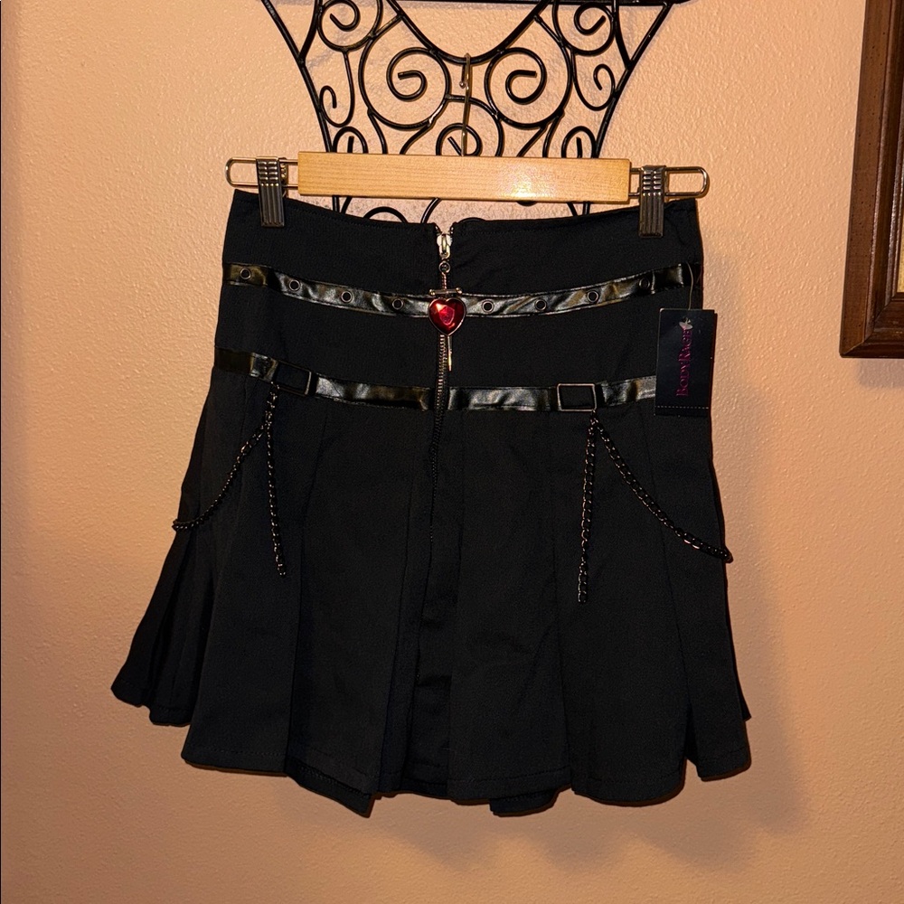 Body Rage Black Pleated Skirt with Heart Zipper NWT